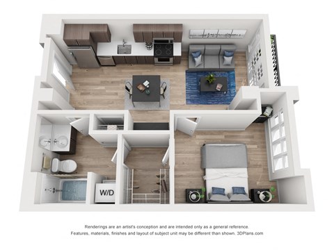 Floor plan for 1 bed, 1 bath, 689 sqft